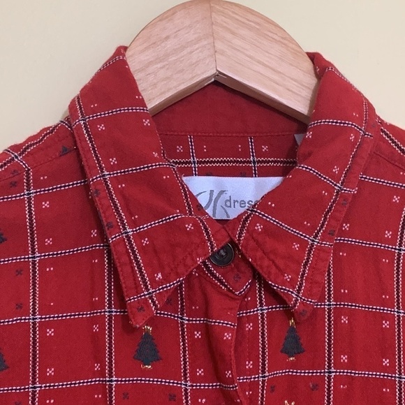 Dress Barn | Red Green Gold Xmas Tree Plaid Metallic Thread Button Down Shirt M - Picture 9 of 17